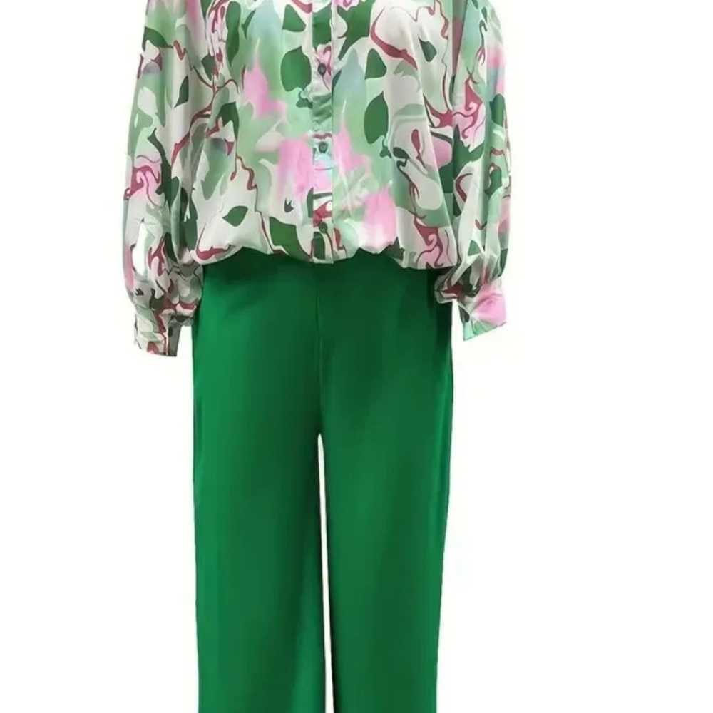 Batwing Sleeve Tie Dye Blouse & High Waist Solid Pantsuits
